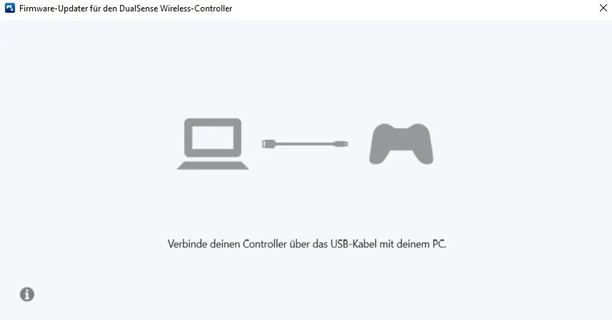 Eine weiße Oberfläche zeigt Symbole: Laptop, USB-Kabel und Controller. Text fordert auf, den Controller per USB mit dem PC zu verbinden.
