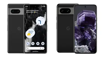 Zwei schwarze Smartphones nebeneinander. Das linke zeigt Wetterdaten, das rechte einen violetten Kristall auf dem Bildschirm.