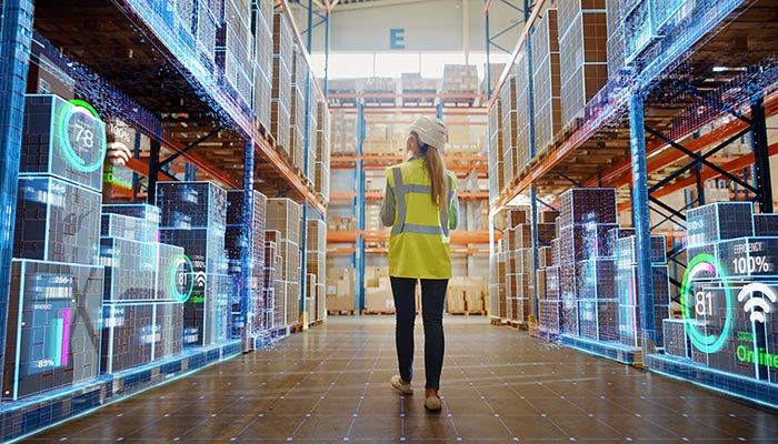 Person mit Helm und gelber Weste steht in einem Lagerhaus zwischen Regalen.Grafische Elemente auf den Produkten verdeutlichen digitale Vernetzung. 