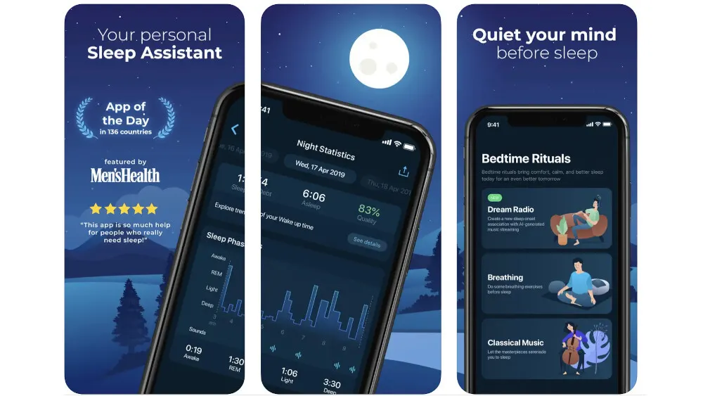 Drei Smartphone-Bildschirme zeigen eine Schlaf-App mit Diagrammen, Statistiken und Entspannungsritualen. Die Benutzeroberfläche ist in dunklen Blautönen gehalten.
