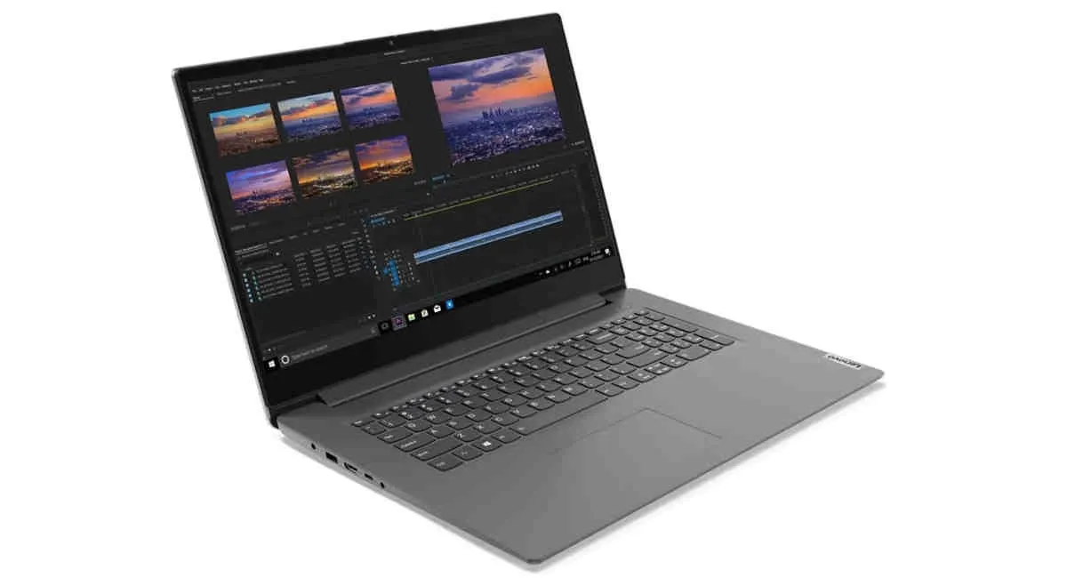 Der Lenovo-Laptop V17 G4 ist aufgeklappt, vor weißem Hintergrund.
