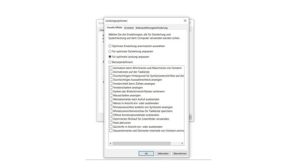 Ein Screenshot zeigt die Einstellungen zum Deaktivieren der Windows-Animationen.