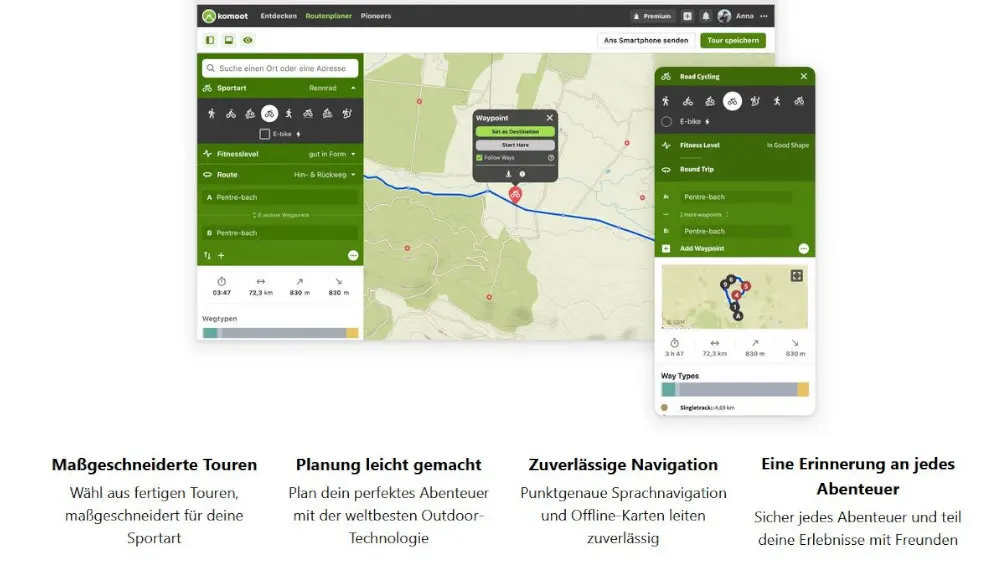 Die Seite zeigt eine grüne App-Oberfläche mit Kartenansicht, Suchleiste und Optionen für Sportarten und Fitnesslevel. Wegpunkte sind sichtbar.