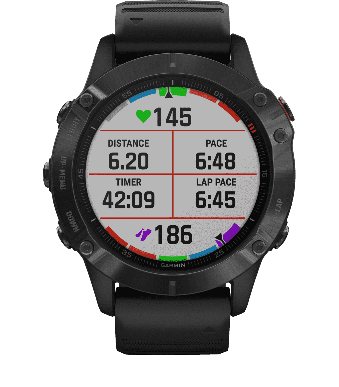 GARMIN Fenix 6 Pro in Schwarz zeigt Lauf tempo und zurück gelegte Entfernung an