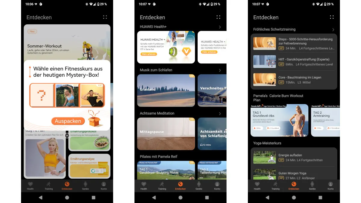 Screenshots aus dem Reiter „Entdecken“ in der Huawei-Health-App.