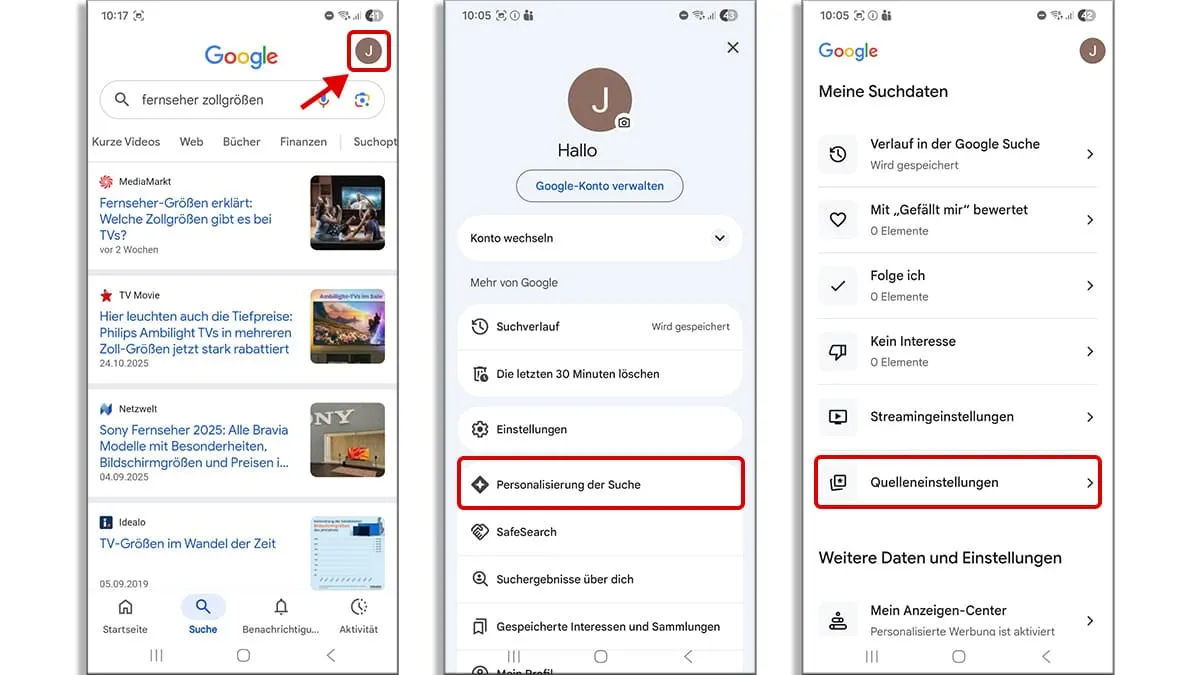 Klickpfad in der Google-App: Über das Profilbild zu "Personalisierung der Suche", dann "Quelleneinstellungen" wählen