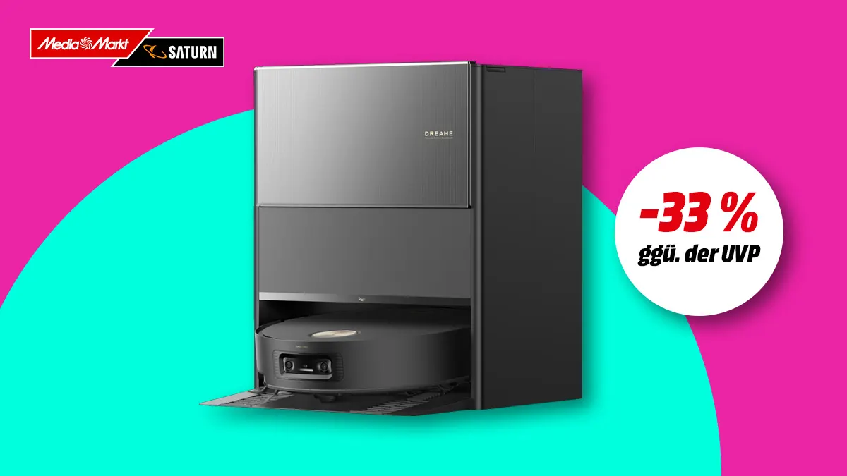 Dreame AQUA10 Ultra Roller Complete, Hinweis auf 33 Prozent Rabatt gegenüber UVP auf buntem Hintergrund. 