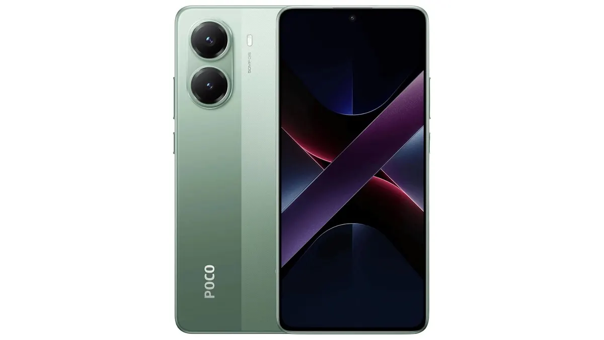 Ein grünes Smartphone liegt flach. Auf der Rückseite sind zwei Kameras zu sehen. Auf dem Bildschirm ist ein X zu sehen.