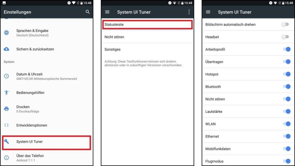 Drei unterschiedliche Screenshots des System UI Tuner in den Einstellungen eines Androids