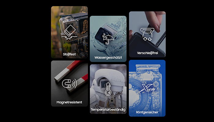 Samsung Speicherkarten sind stoßfest, wassergeschützt, verschleißfrei, magnetresistent, temperaturbeständig und röntgensicher.