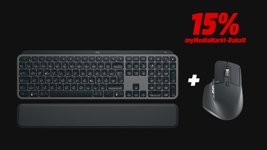 Schwarzes Logitech-Tastatur-und-Maus-Set mit Hinweis „15 % myMediaMarkt-Rabatt“.