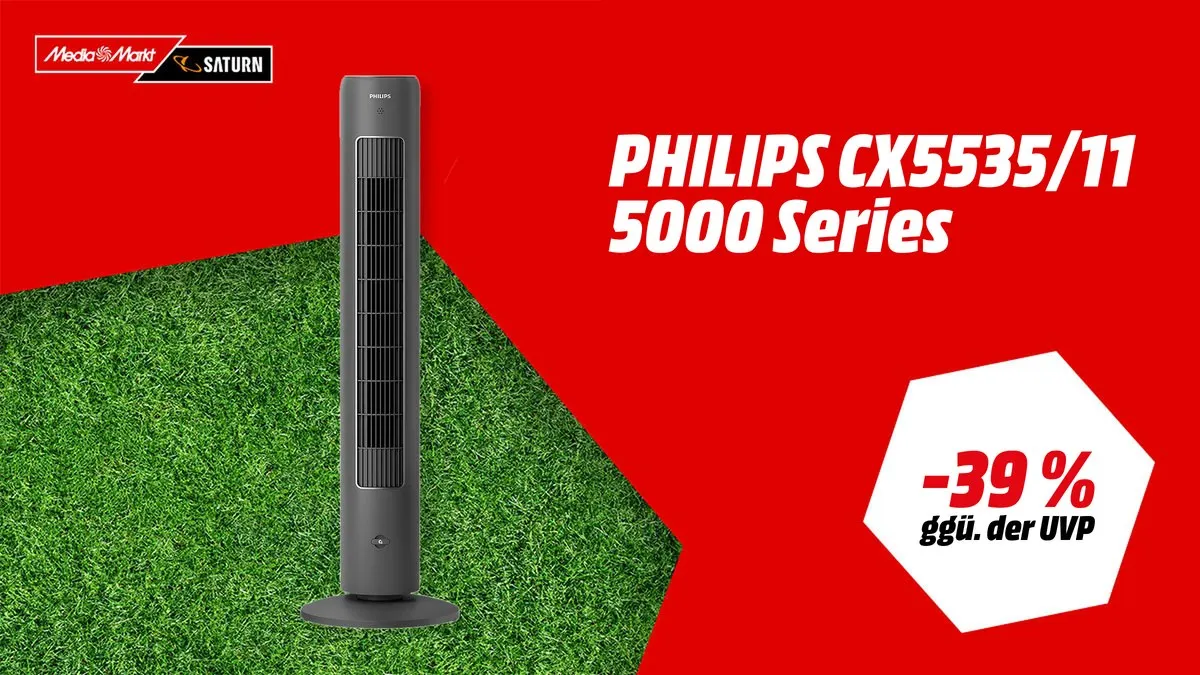 PHILIPS CX5535/11 5000 Series Turmventilator in Dunkelgrau mit Fernbedienung und Oszillationsfunktion – WM-Angebot zum Sparpreis.