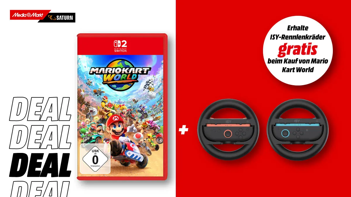 Mario Kart World für die Switch 2 inklusive zwei gratis ISY-Rennlenkräder – Angebot nur kurz!