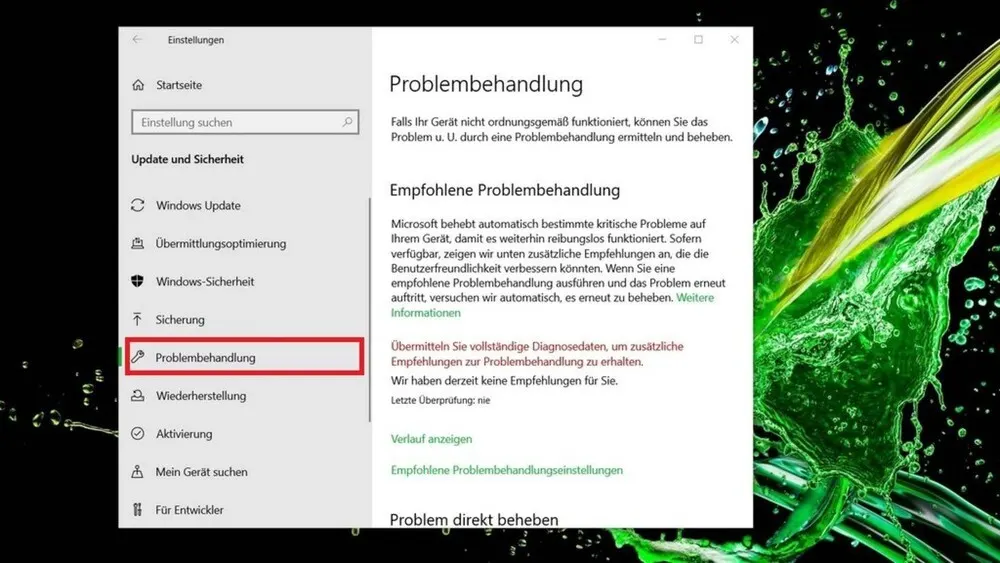 Windows-Einstellungsfenster mit Menü und hervorgehobener Problembehandlung. Text zur Fehlerbehebung und empfohlenen Aktionen.