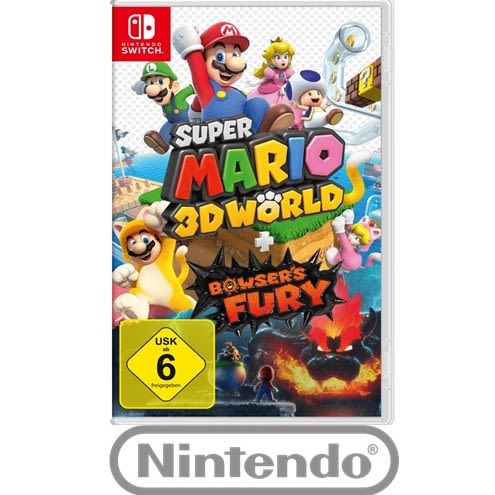 Das Cover von Super Mario 3D World + Bowser's Fury - [Nintendo Switch] und das Nintendo Logo 