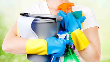 Hausfrau mit Reinigungsmitteln