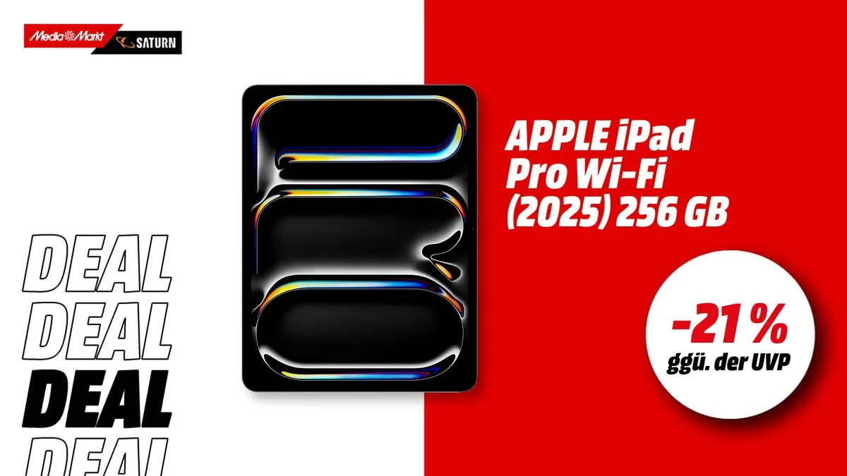 Apple iPad Pro 2025 Tablet in Space Schwarz mit 13-Zoll-Display, aktuell mit -21 % (ggü. der UVP) reduziert bei MediaMarkt.