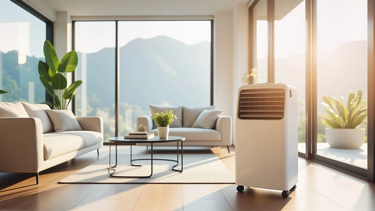 Helles Zimmer mit Sofas, Pflanzen und mobilem Klimagerät vor großen Fenstern.