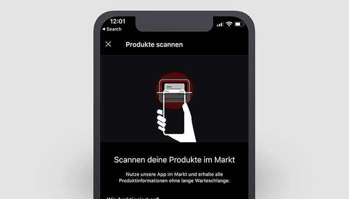 Smartphone mit dem Produktscanner der MediaMarkt App auf dem Display