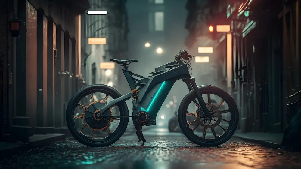 Ein dunkles, modernes E-Bike mit blauem Licht steht auf einer nassen Straße in einer Gasse. Gebäude im Hintergrund.