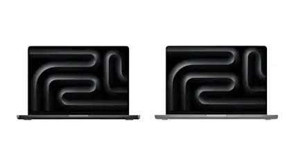 Zwei Laptops nebeneinander, beide mit dunklem Bildschirm und einem Muster aus gebogenen, hellgrauen Linien.