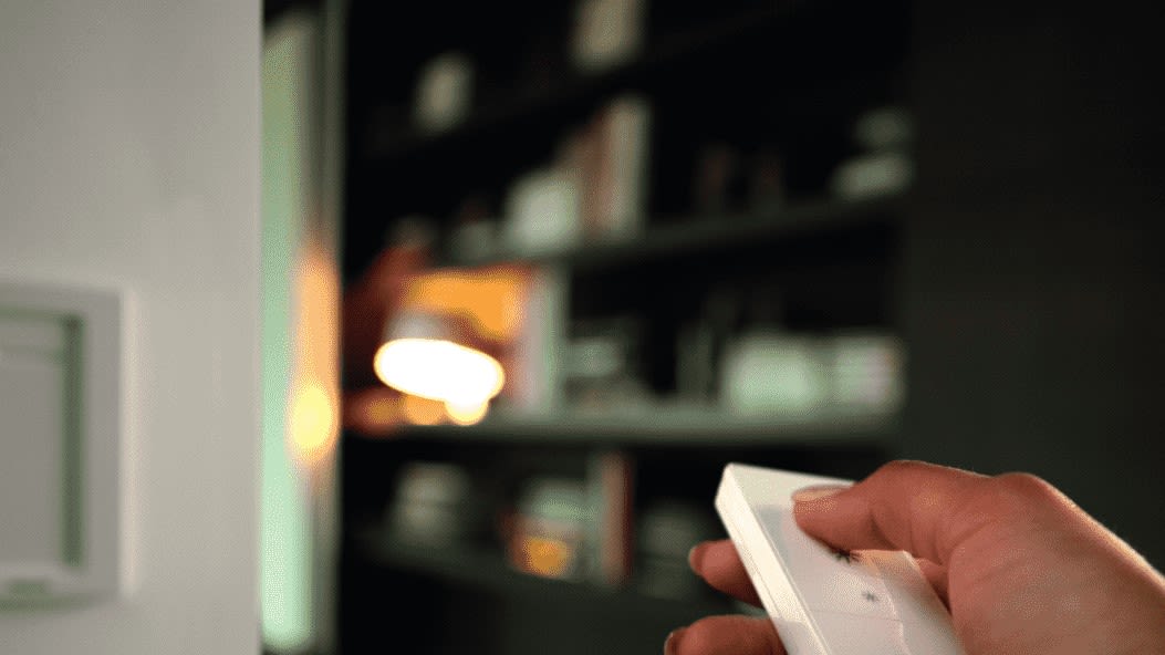 Hand hält Philips Hue Dimmschalter um eine Lichtszene zu steuern