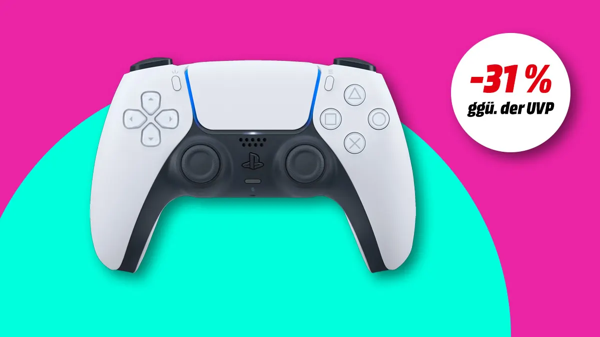 Sony DualSense Wireless Controller und Hinweis auf 31 Prozent Rabatt gegenüber UVP auf buntem Hintergrund. 