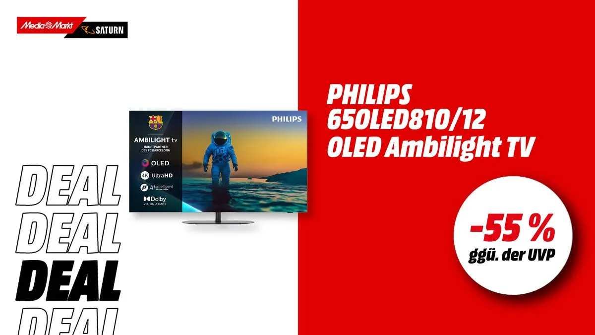 Philips 65OLED810/12 OLED Ambilight TV, 65 Zoll, 4K UHD Smart TV, aktuell mit -55 % (ggü. der UVP) reduziert