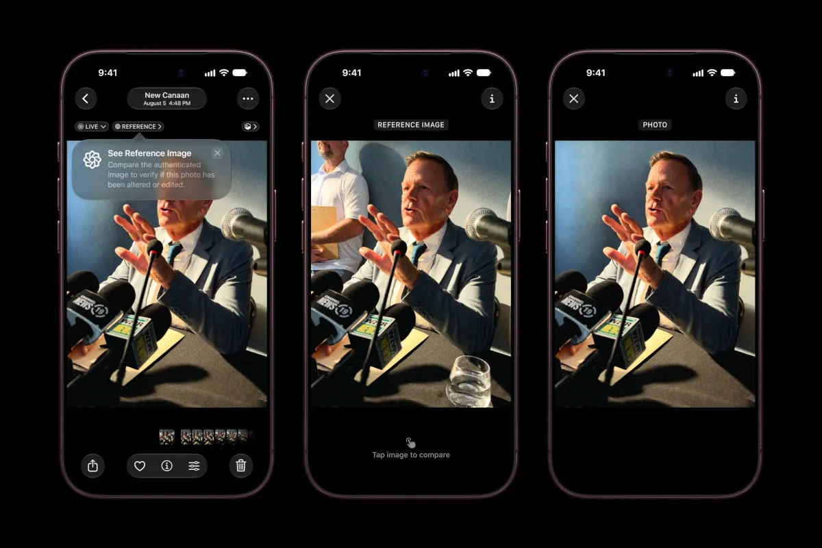 Ein iPhone 18 Pro zeigt ein Originalfoto mit der Bezeichnung „Reference Image“ und ein bearbeitetes Foto mit der Bezeichnung „Photo“.