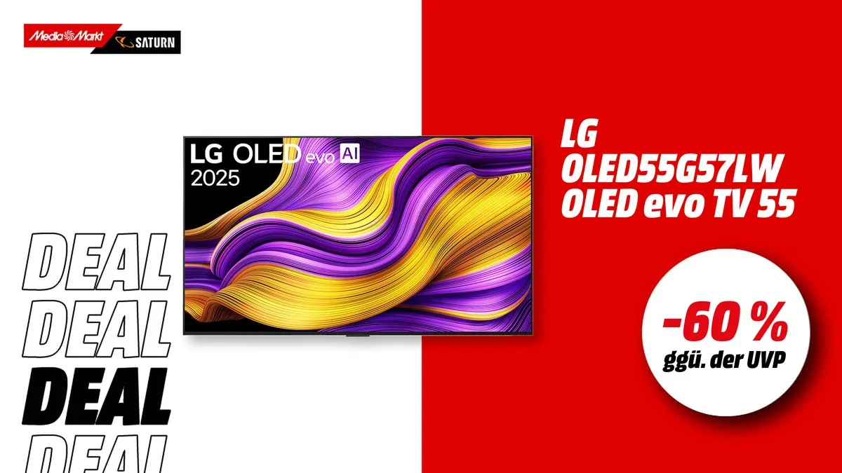 LG OLED55G57LW OLED evo TV, 55 Zoll, 4K Smart TV, aktuell mit -60 % (ggü. der UVP) reduziert