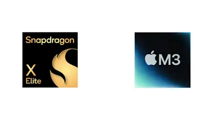 Zwei Logos nebeneinander: Links Snapdragon X Elite auf Schwarz mit Gold, rechts Apple M3 auf dunklem Hintergrund mit Farbverlauf.