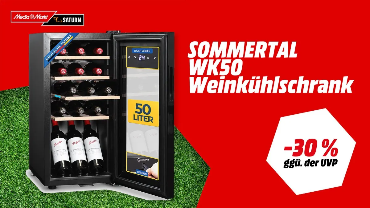 SOMMERTAL WK50 Weinkühlschrank in Schwarz — WM-Angebot mit -30 % (ggü. der UVP) reduziert