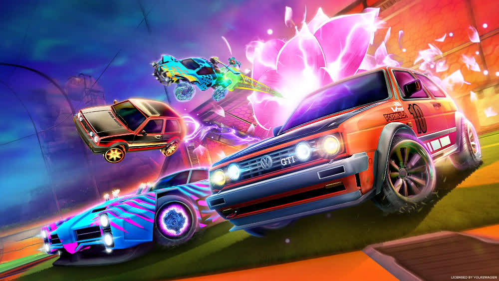Vier Autos in Neonfarben stehen auf dem Spielfeld von Rocket League.