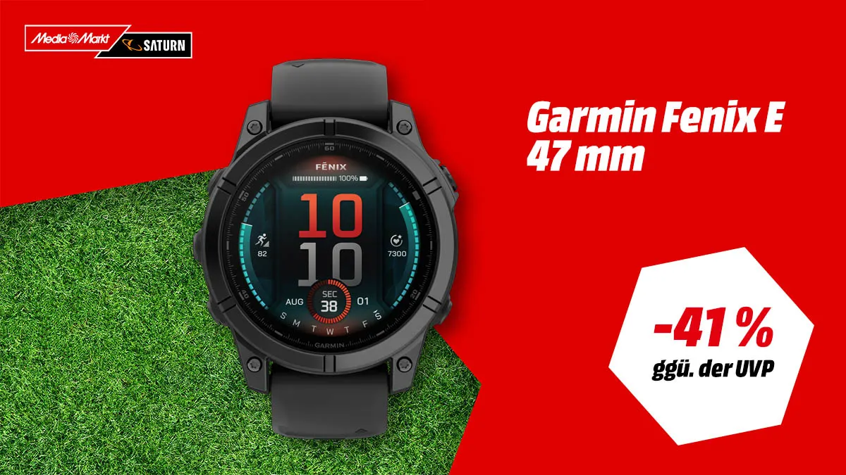 Die Garmin Fenix E Smartwatch und Hinweis auf 41 Prozent Rabatt ggü. der UVP.