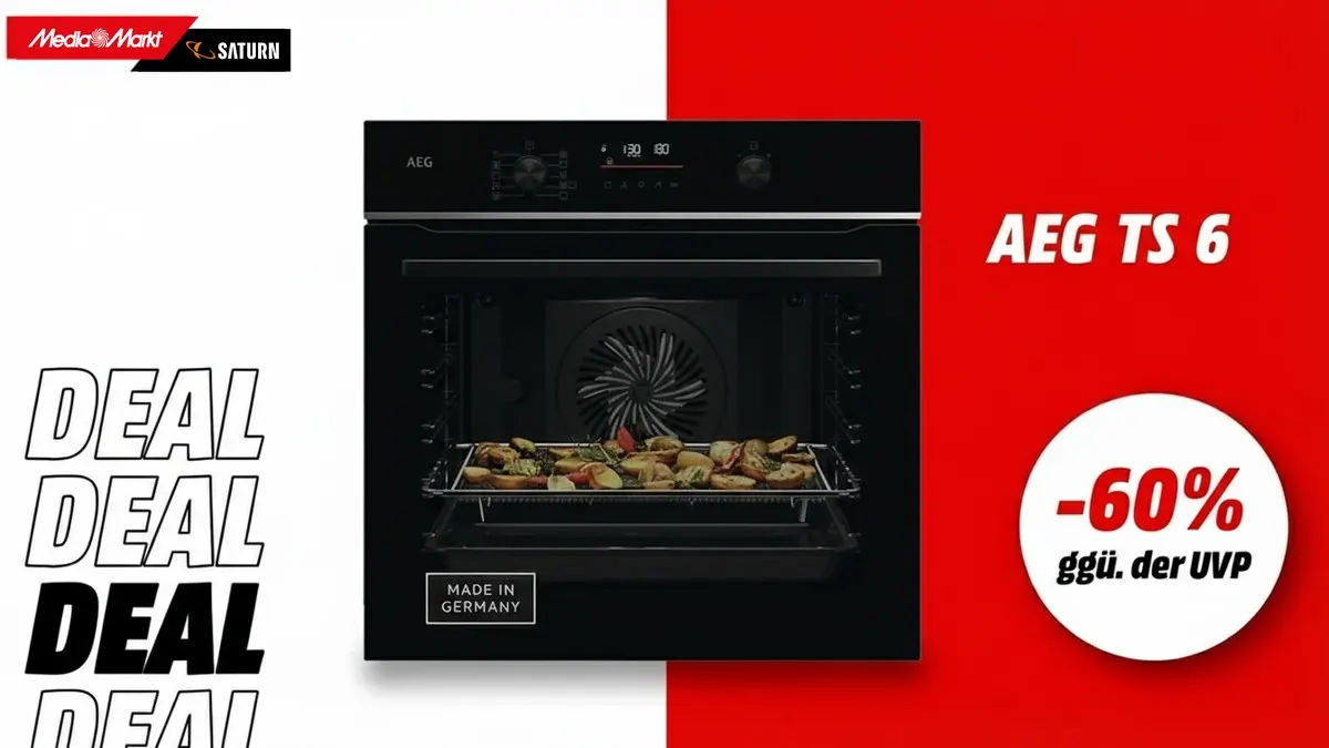 Der AEG Backofen und Hinweis auf 60 Prozent gegenüber der UVP auf weiß-rotem Hintergrund.