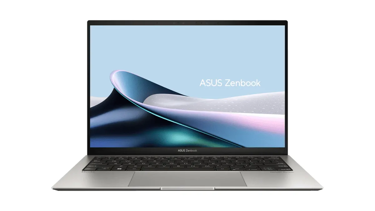Das Notebook ASUS Zenbook S 13 OLED mit der Inschrift "ASUS Zenbook" auf dem Display.