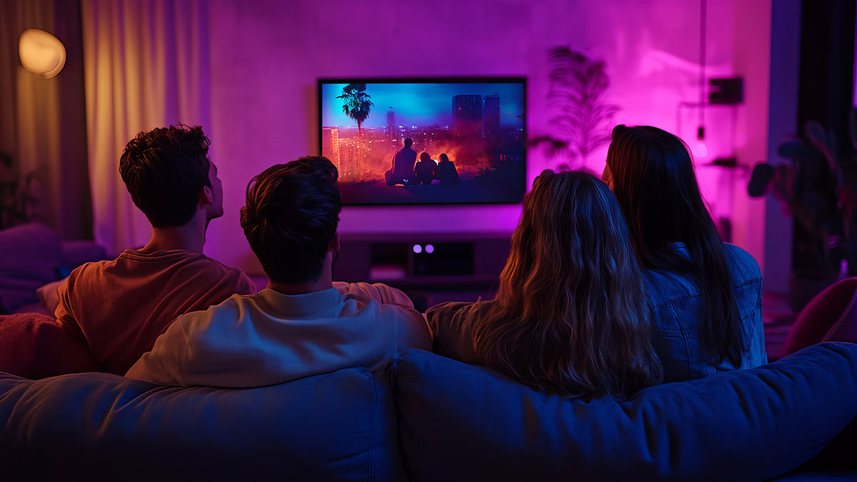 Vier Personen sitzen auf einem Sofa vor einem Fernseher mit violettem Ambilight.