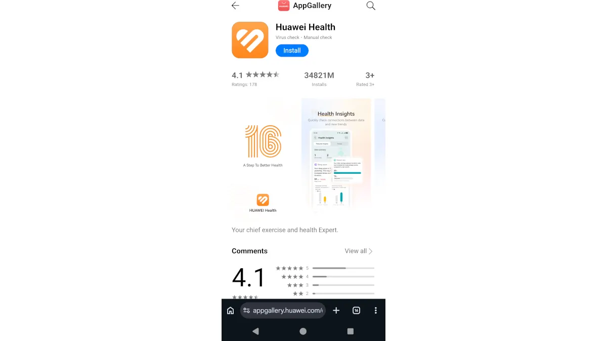 Ein Screenshot des Downloads der Huawei-Health-App auf der offiziellen Homepage.
