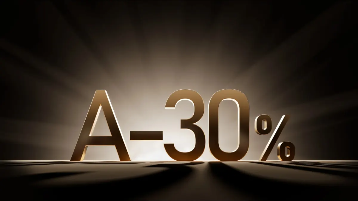 Ein animierter Schrift „A minus 30 Prozent“.