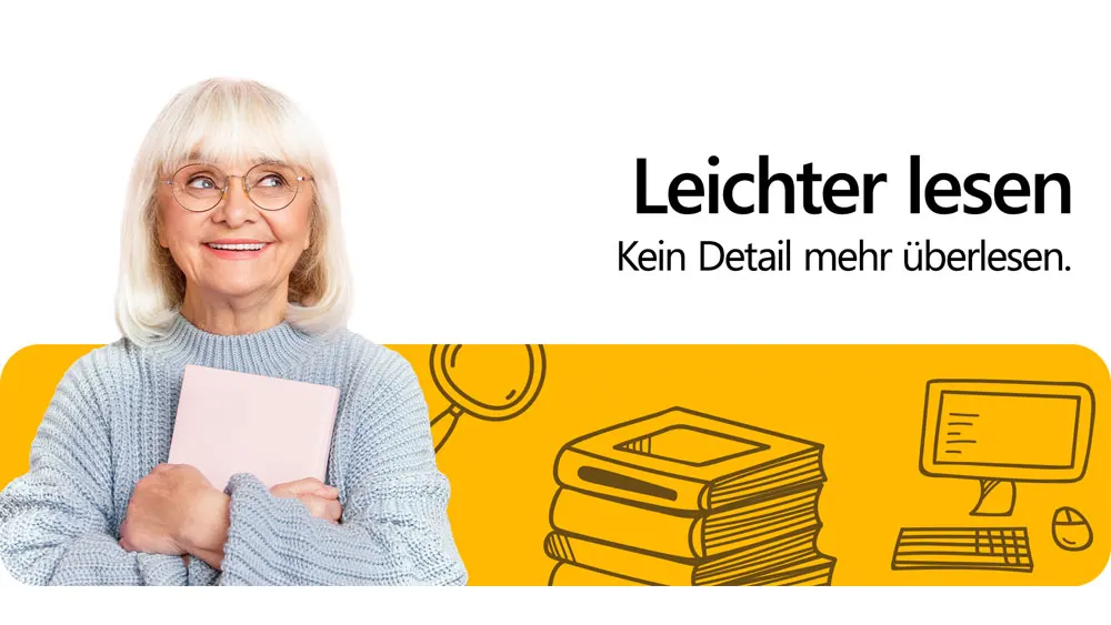 Frau hält ein Buch vor einem gelben Hintergrund mit Text, einer Lupe, Büchern und einem Computer.