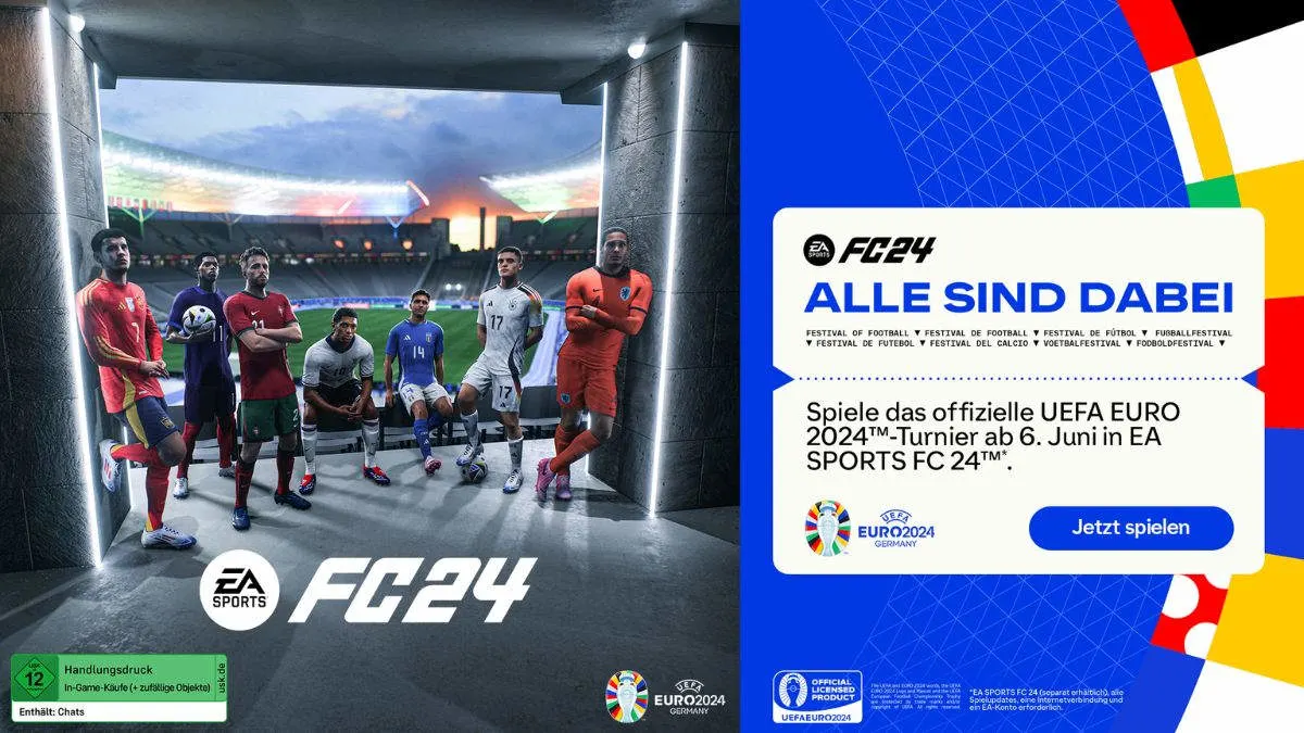 Fußballspiel FC24 Werbung: Spieler stehen im Tunnel vor dem Stadion. Text: Alle sind dabei, spiele UEFA EURO 2024 ab 6. Juni.
