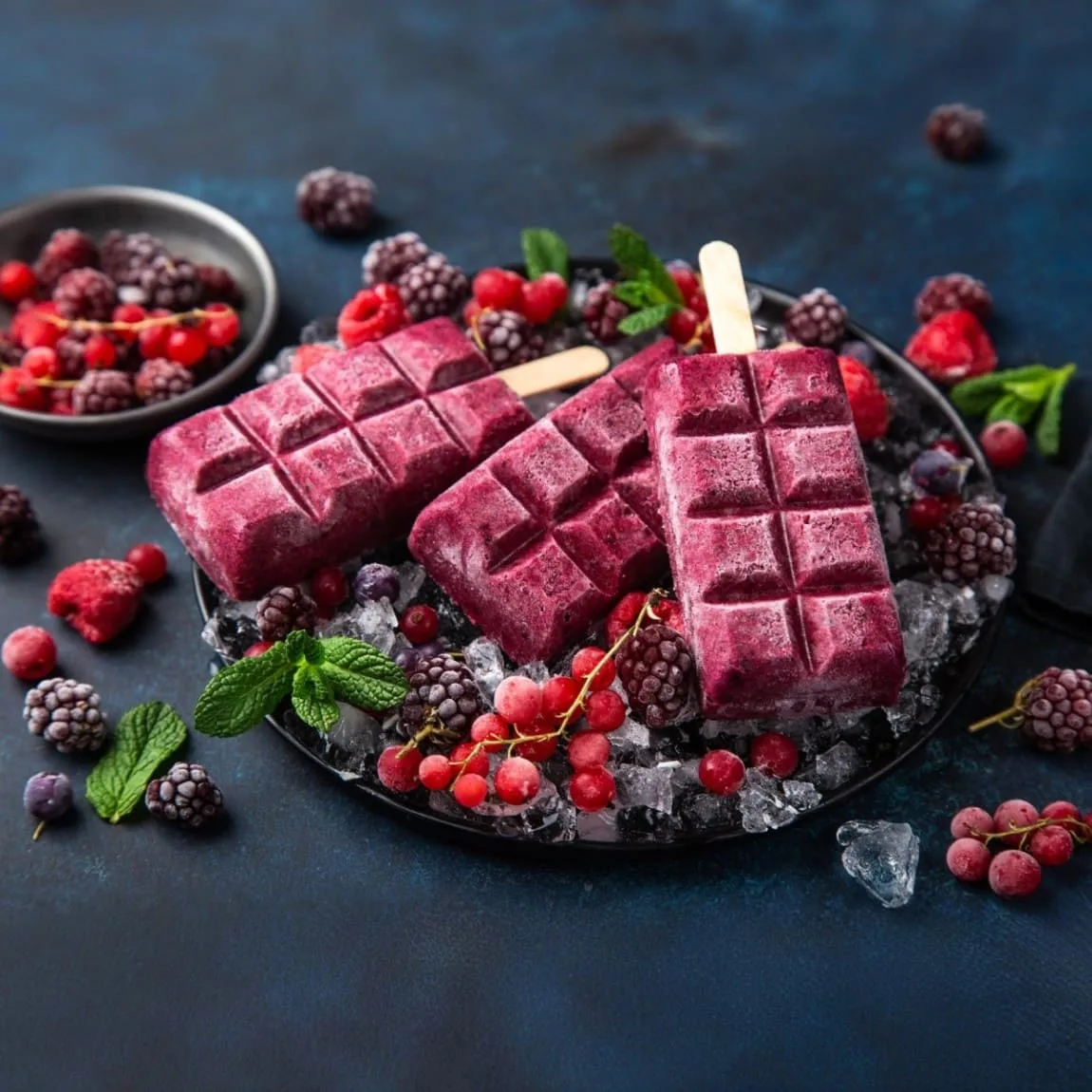 Drei Himbeereis am Stiel auf Eiswürfeln mit Minze, Brombeeren, Himbeeren und Johannisbeeren auf einem schwarzen Teller und einer Schale.