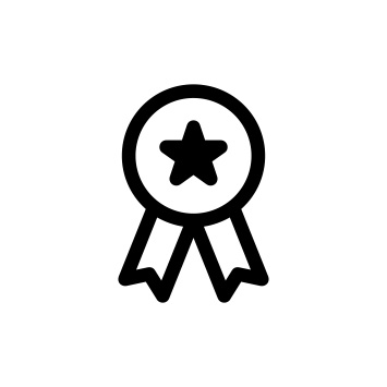 Schwarzes Symbol eines Siegels mit Stern in einem Kreis und zwei Bändern auf weißem Hintergrund.