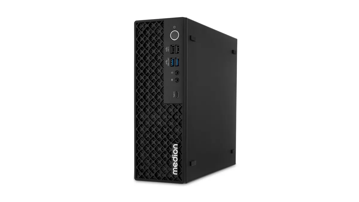 Der Mini-PC Medion T80 III vor einem weißen Hintergrund.