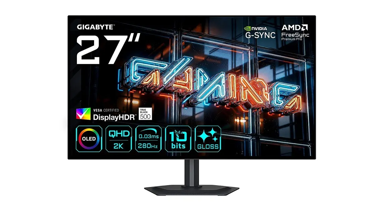 Der Gigabyte MO27Q28GR von vorn vor weißem Hintergrund.