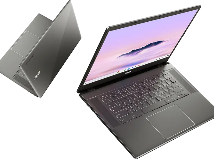 Dwa szare laptopy Acer na białym tle. Jeden otwarty z klawiaturą i fioletowym ekranem, drugi zamknięty pod kątem.