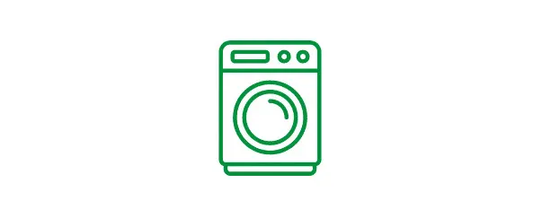 Zielony ikona przedstawia pralkę z drzwiami na środku i panelem sterowania na górze, na białym tle.