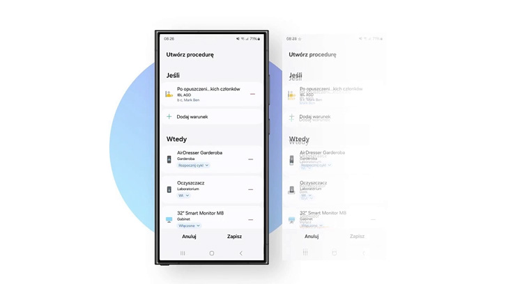 Telefon z aplikacją do tworzenia procedur automatyzacji na tle jasnoniebieskiego okręgu. Ekran pokazuje opcje konfiguracji.