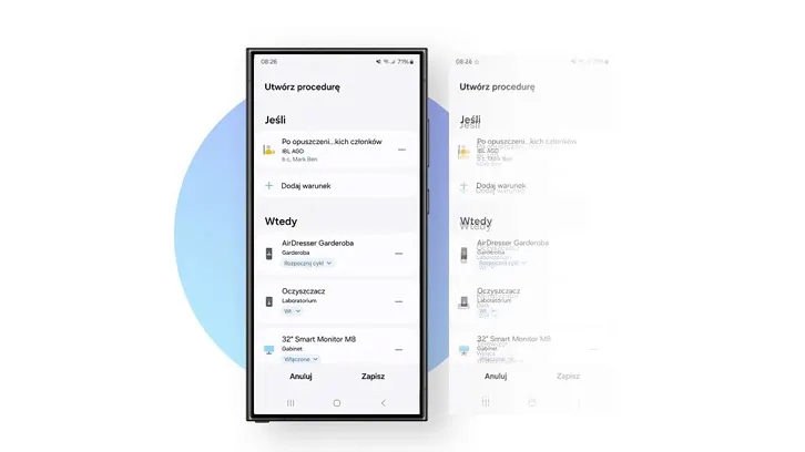 Telefon z aplikacją do tworzenia procedur automatyzacji na tle jasnoniebieskiego okręgu. Ekran pokazuje opcje konfiguracji.