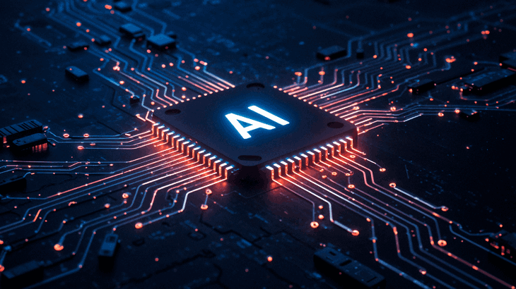 Czip AI jako technologia na środku grafiki.